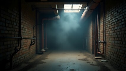 A dimly lit gritty and weathered industrial basement