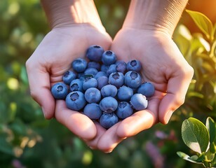 hand holding freshly picked blueberries organic farming and fresh produce