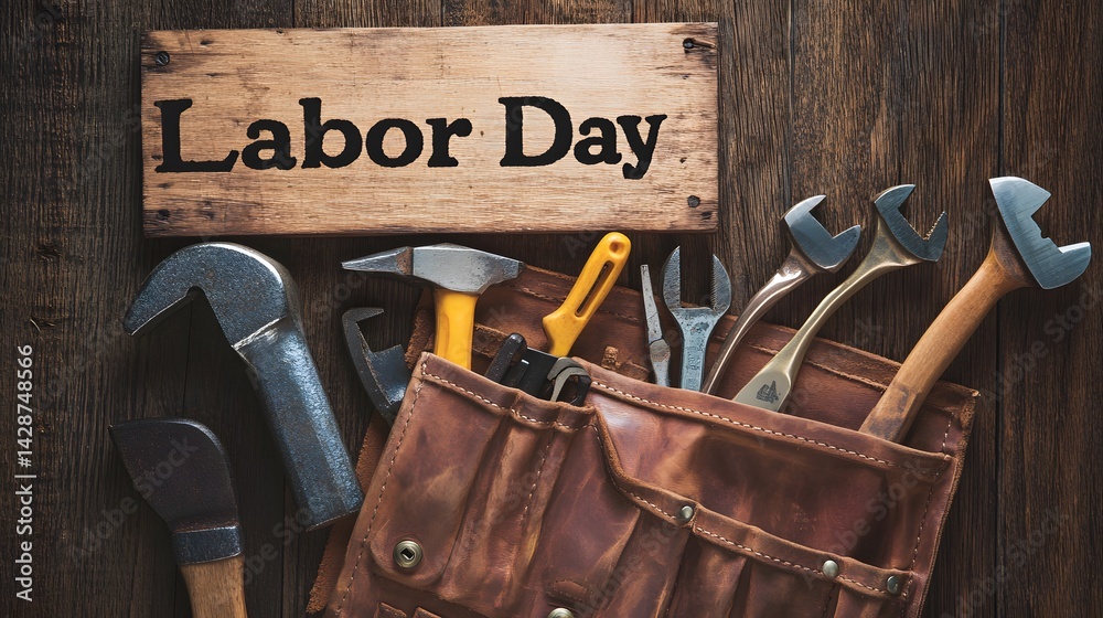 Fototapete vintage tool belt with assorted wrenches and hammer on rustic wood background – labor day concept