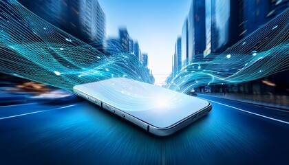 mobile smart phone with digital data flowing out of screen and speed line around it on blue blurred city street background cyber security system business network connection and technology concept