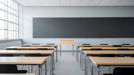 Empty Classroom With Wooden Tables And Chairs