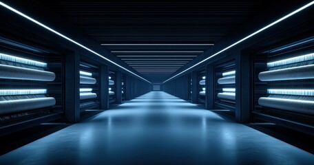 Obraz premium Tunnel illuminated by blue lights with symmetrical structure