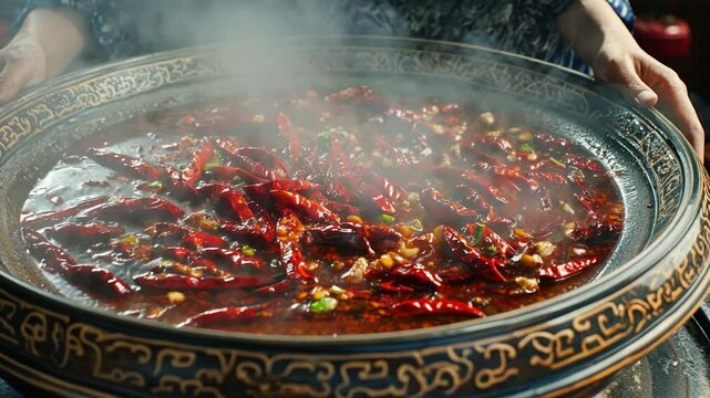 Woman holds large spicy hot pot