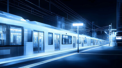 Obraz premium Night Train Station Platform At Urban Cityscape