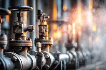 Fototapeta premium Close-up View of Refinery Valves and Pipes With Steam, Highlighting Intricate Industrial Details and Warm Light Reflections
