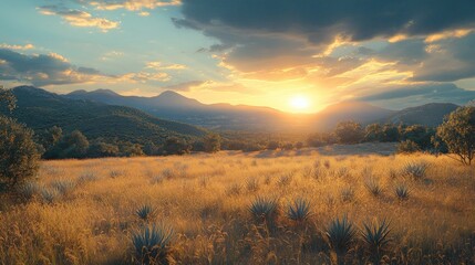Golden sunset over a field of agave plants