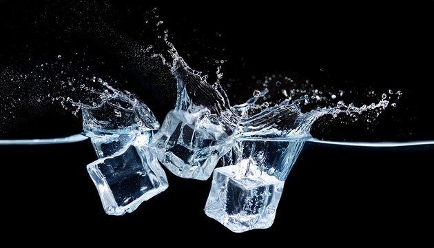 ice cubes with water particles splash in motion air on black background for overlay generative ai