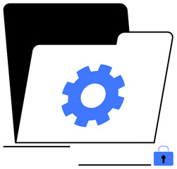 Open file folder with gear icon and small padlock symbol for system settings, data encryption, and secured access. Ideal for privacy, security, system settings, data organization, encryption, safe