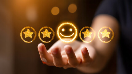 Elegant Hand Presenting Five-Star Smiley Face Review in Golden Glow, Ultimate Customer Service Excellence Rating Concept
