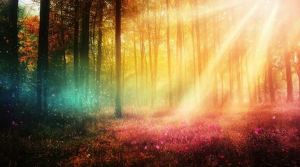 Fototapeta premium Sunbeams Illuminating a Mystical Forest Floor Strewn with Pink Flowers and Long Shadows Cast by Trees in a Colorful Ethereal Scene Full of Life