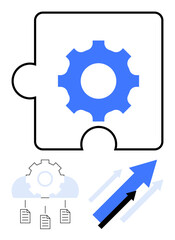 Gear inside puzzle piece symbolizing optimization, data flow linking documents to cloud, and arrows upward for growth. Ideal for workflow automation, data integration, innovation, development