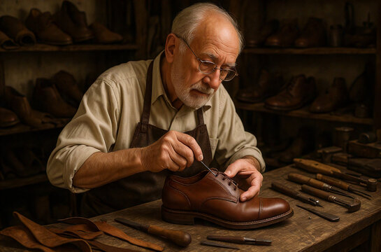 Elderly shoemaker focused on handcrafting leather shoe