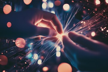 Hands touching a glowing bundle of fiber optic cables, a powerful symbol of high-speed data transmission, global communication, and technological innovation