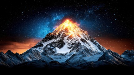 Stunning volcanic mountain erupting with flowing lava at night under a starry sky, depicting natural disaster and geological activity in a high-resolution image