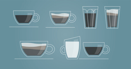 A clean vector illustration showcasing different types of Italian coffee, including macchiato, espresso, and cappuccino, served in both cups and glass tumblers.