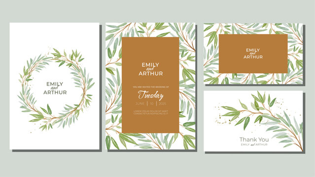 Set of Wedding Invitation and Thank You Cards with Leaves Hand Painted with Watercolour. Vector Templates