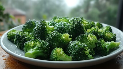 Broccoli florets on a white plate with a blurred background.