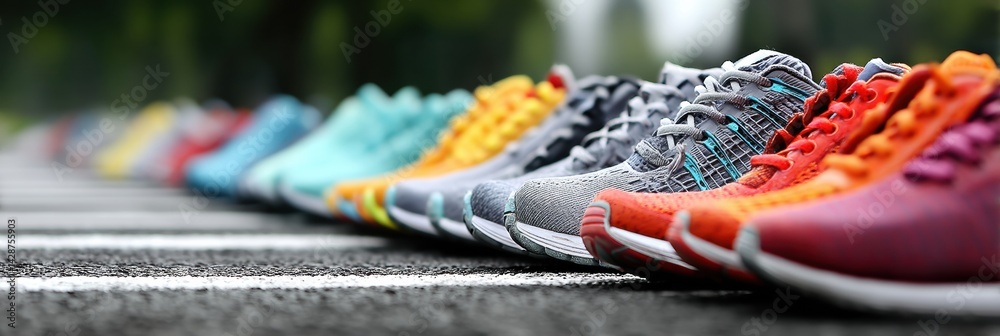 Poster shoes lined up in anticipation at the starting line of a race event on a sunny day in a vibrant outd