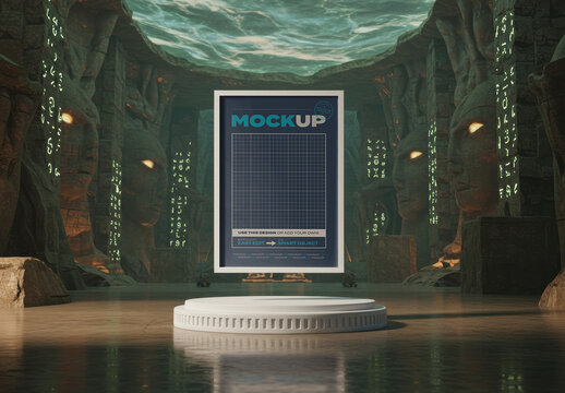 Vertical Frame Poster Mockup Floating on Rock Temple with Fases