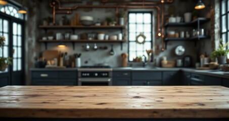 Fototapeta premium Medium-tone wooden table with matte surface in focus. Blurred industrial kitchen behind with black metal shelves, pipes, and frosted daylight window.