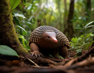 Obraz premium pangolin strolling through dense greenery on a rainforest floor vertical