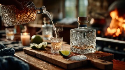 Pouring tequila, cozy scene
