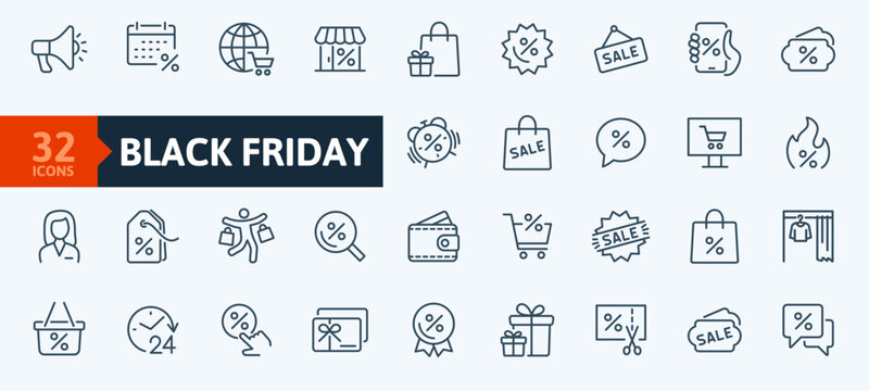 Set of 32 outline icons related to shopping. Linear icon collection. Black Friday, Sale Day. Big discount and gift for customers. 