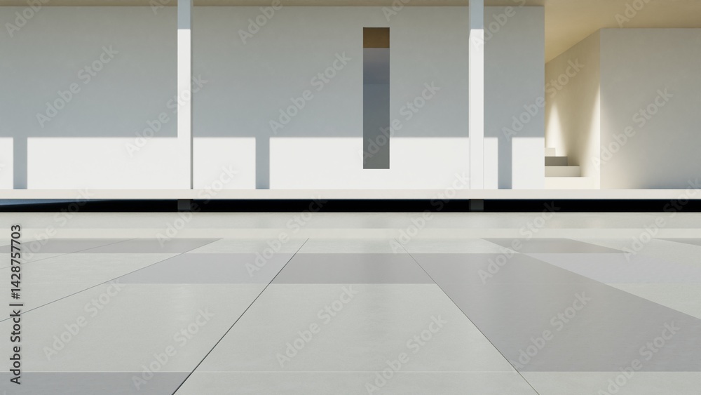 Poster 3d render of modern exterior entrance terrace with large empty concrete wall, abstract architecture