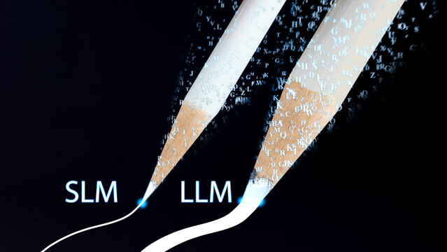 Visual comparison: SLM vs LLM. Illustration uses pencils absorbing data to show size and capability difference between Small and Large Language Models. AI technology concept.