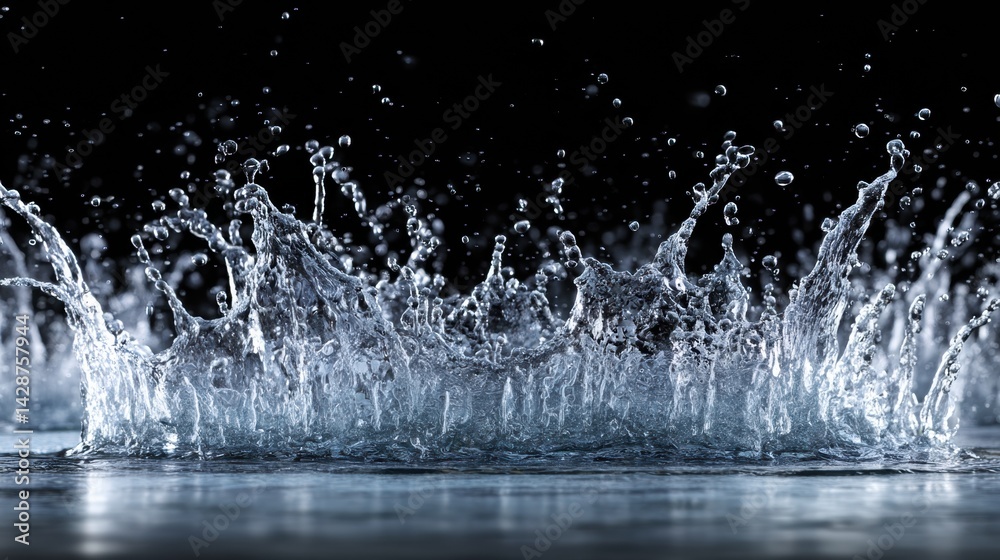 Poster water splash frozen in mid-air showcasing dynamic detail and shine captured in a dark environment wi