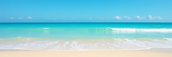 Sandy beach with turquoise waves under a clear blue sky, coast, tropical, serene