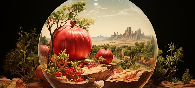 Mini world of Pomegranate in round magic protector, ai generative
