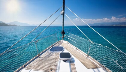 luxury sailing yacht deck on turquoise tropical waters modern white sailboat with solar panels and teak decking maritime lifestyle and sustainable boating