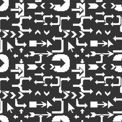 Seamless pattern of white arrows pointers in pixel style on a black background
