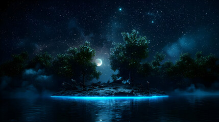 Glowing Trees On Island At Night