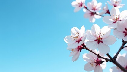 Fototapeta premium Scenic view of white cherry blossoms against a clear blue sky, white, spring