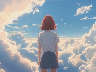 Young woman with short reddish-brown hair in white t-shirt and denim skirt gazes at vast bright blue sky with fluffy clouds in serene outdoor scene