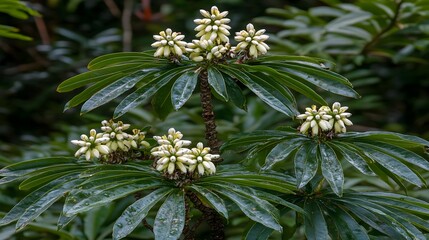 Stunning Closeup of Tropical Plant with White Flowers and Lush Green Leaves