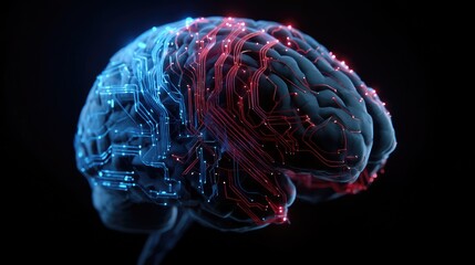 The Human Mind Illuminated: A detailed illustration of a human brain, illuminated by digital circuitry, showcasing the complexity and beauty of cognitive function and mental processes.