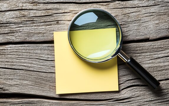 Magnifying Glass on Yellow Sticky Note on Wooden Background