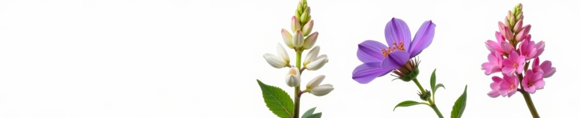 Three lupine blooms in various stages of bloom on a white background, flora, lupine