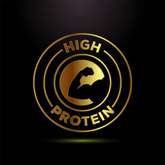 High protein icon, High protein label design for packaging, Nutrition healthy eating badge in gold color style