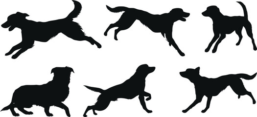 Collection of dog silhouettes in various poses against a white background, dogs in motion and standing