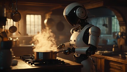 A humanoid robot is engaged in cooking inside a warm and inviting kitchen. Steam billows from a pot on the stove, creating a cozy atmosphere during the evening.