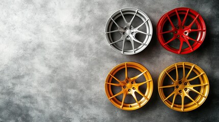 Colorful composition with car rims in red, gold, and silver on matte gray backdrop