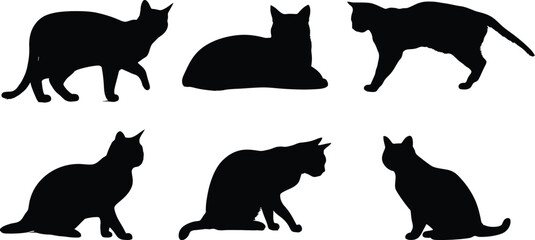 Collection of six black cat silhouettes in various poses on a white background layout design