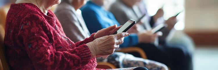 Elderly people sitting in a row using smartphones, showcasing seniors adapting to technology and digital communication in modern life. Banner, selective focus.