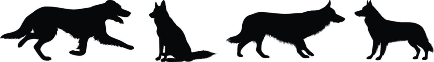 Four dog silhouettes in various poses against a white background in a horizontal arrangement