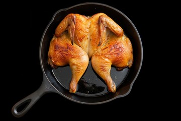 Roasted half chicken in pan on black background