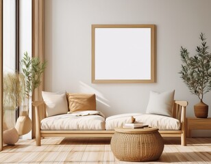 mock up frame in home interior background white room with natural wooden furniture scandinavian style 3d render